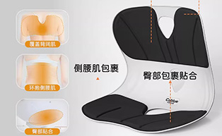 柯柏蓝护腰坐垫侧面视图，显示人体工学弧度设计，灰色材质，办公室环境